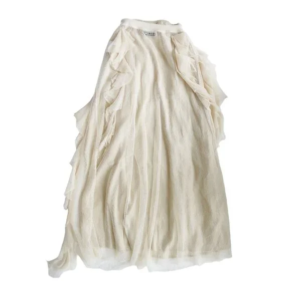 CHRISTIAN DIOR Beige Silk Tulle Ruffled Asymmetric Midi A-Line Sheer Skirt 36 - Picture 6 of 8